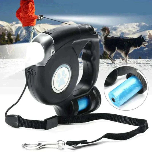 Innovative 3 in 1 Dog Leash with LED light, ergonomic handle, and attached bag dispenser for safe, easy nighttime walks.