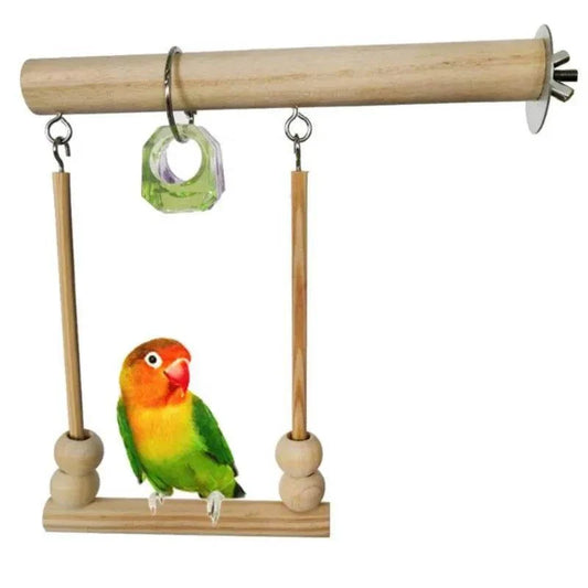 Wooden bird perch swing with parrot, natural wood, durable indoor outdoor use.