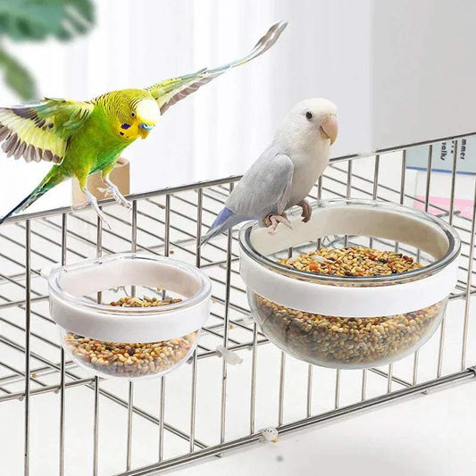 Detachable Hanging Bird Feed and Water Bowl installed in birdcage with birds.