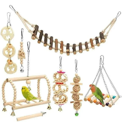 8-piece interactive bird toy set with natural wood and durable materials for mental stimulation and bonding.