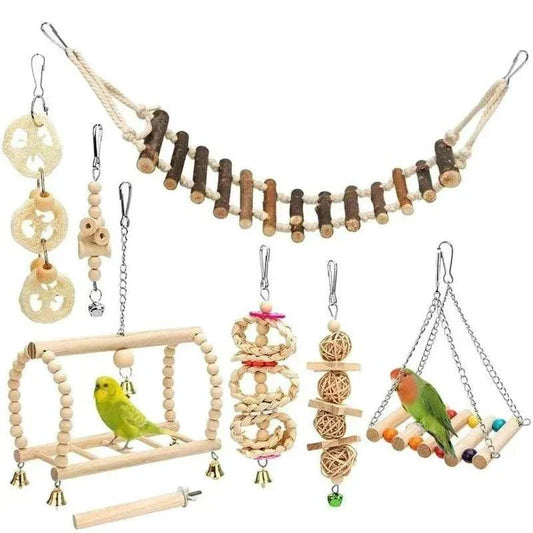 8-piece interactive bird toy set with natural wood and durable materials for mental stimulation and bonding.