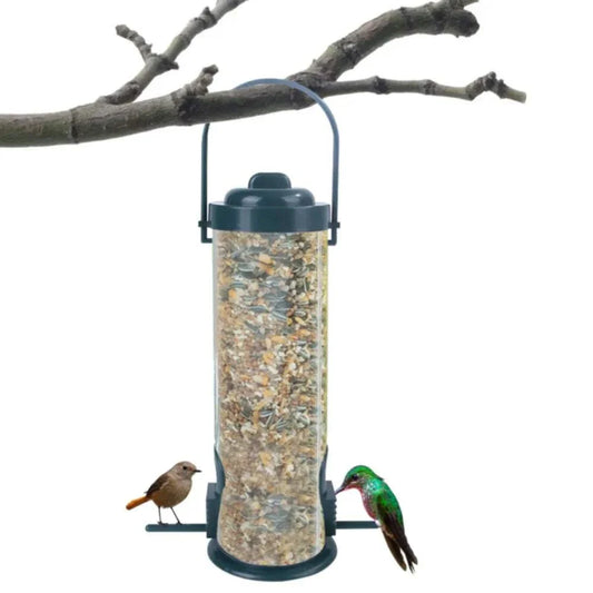 Two-sided outdoor hanging automatic bird feeder with removable tray for easy cleaning.