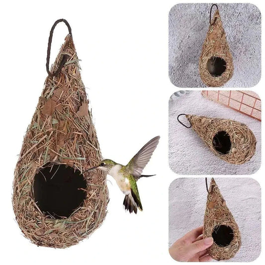 Hand-woven natural grass bird house with water drop design, ideal for small birds.